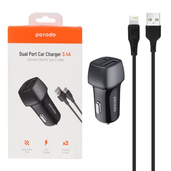 شارژر فندکی پرودو 17W فست دو پورت مدل PD-34CCV2L-BK به همراه کابل شارژ آیفون